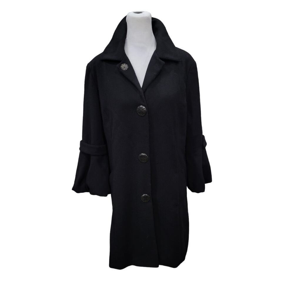 T Tahari Wool Coat Women's Medium Black Button Down Bell Sleeves Whimsigoth